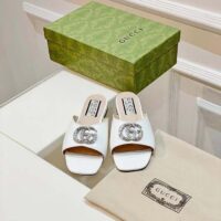 Gucci Women GG Double G Slide Sandal Ivory Patent Leather Crystals Flat (10)