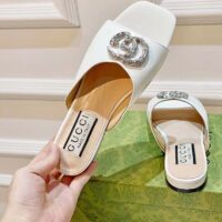 Gucci Women GG Double G Slide Sandal Ivory Patent Leather Crystals Flat (10)