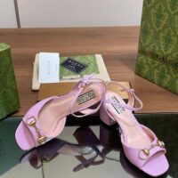 Gucci Women GG Horsebit Mid-Heel Sandal Lilac Leather Sole Ankle Buckle (7)