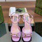 Gucci Women GG Horsebit Mid-Heel Sandal Lilac Leather Sole Ankle Buckle - Image 6