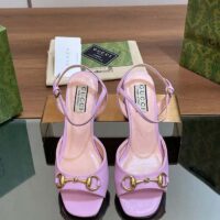 Gucci Women GG Horsebit Mid-Heel Sandal Lilac Leather Sole Ankle Buckle (7)