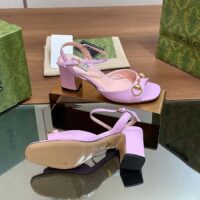 Gucci Women GG Horsebit Mid-Heel Sandal Lilac Leather Sole Ankle Buckle (7)