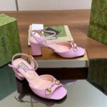 Gucci Women GG Horsebit Mid-Heel Sandal Lilac Leather Sole Ankle Buckle - Image 2