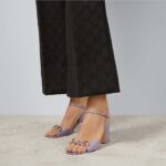 Gucci Women GG Horsebit Mid-Heel Sandal Lilac Leather Sole Ankle Buckle - Image 11
