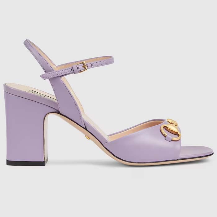Gucci Women GG Horsebit Mid-Heel Sandal Lilac Leather Sole Ankle Buckle