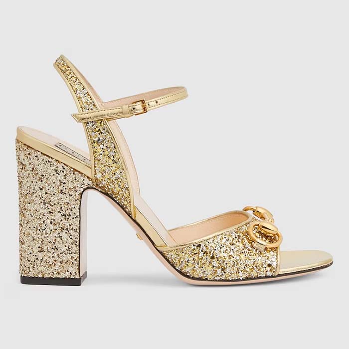 Gucci Women GG Horsebit Mid-Heel Sandal Metallic Gold Leather Crystals