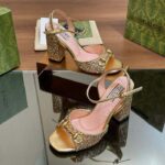 Gucci Women GG Horsebit Mid-Heel Sandal Metallic Gold Leather Crystals - Image 3