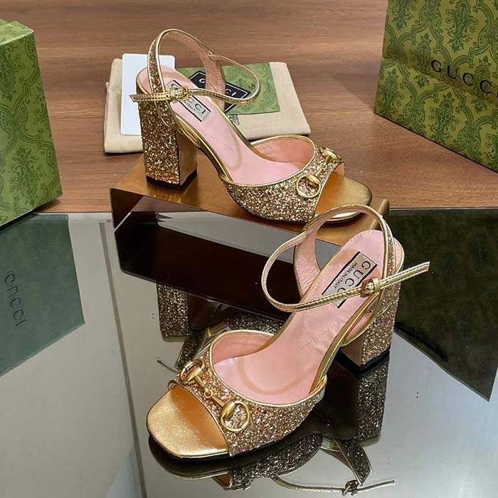 Gucci Women GG Horsebit Mid-Heel Sandal Metallic Gold Leather Crystals