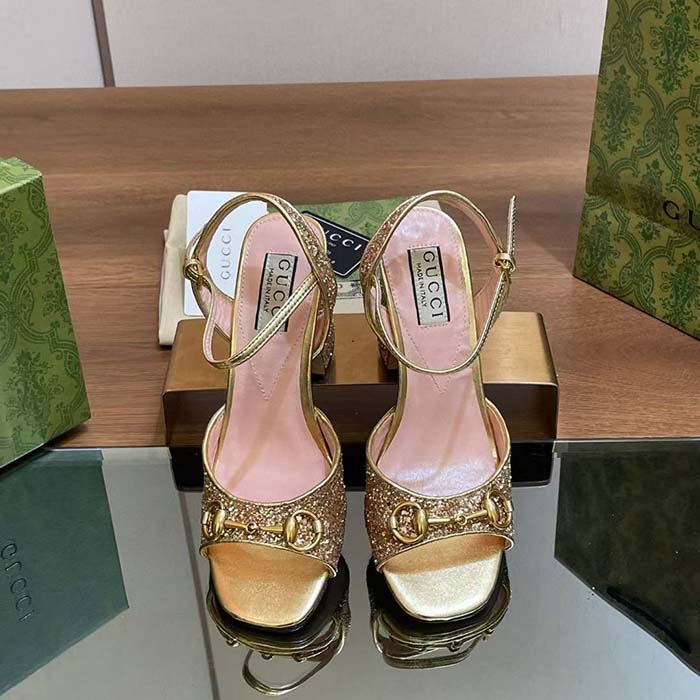 Gucci Women GG Horsebit Mid-Heel Sandal Metallic Gold Leather Crystals