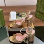 Gucci Women GG Horsebit Mid-Heel Sandal Metallic Gold Leather Crystals - Image 8