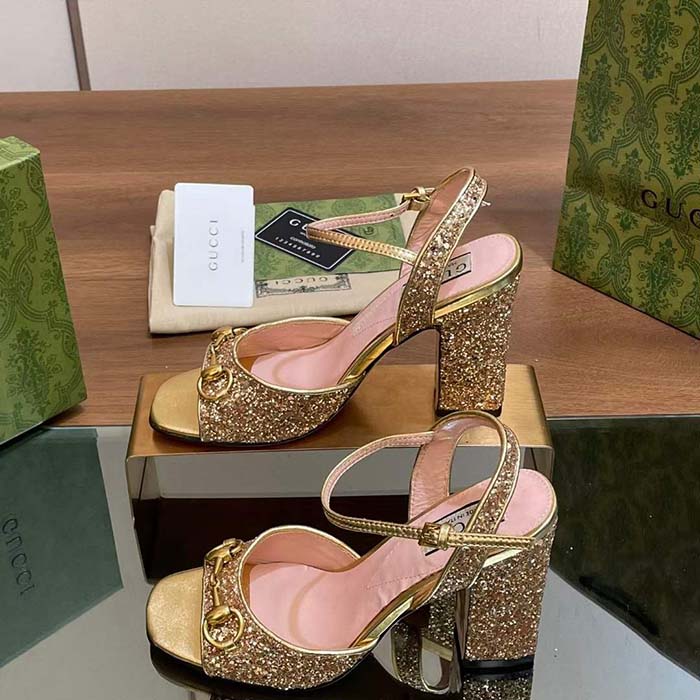 Gucci Women GG Horsebit Mid-Heel Sandal Metallic Gold Leather Crystals