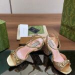 Gucci Women GG Horsebit Mid-Heel Sandal Metallic Gold Leather Crystals - Image 9