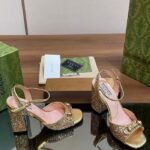 Gucci Women GG Horsebit Mid-Heel Sandal Metallic Gold Leather Crystals - Image 5