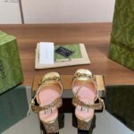 Gucci Women GG Horsebit Mid-Heel Sandal Metallic Gold Leather Crystals - Image 10