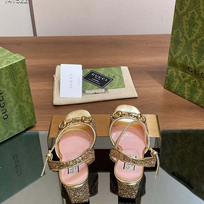 Gucci Women GG Horsebit Mid-Heel Sandal Metallic Gold Leather Crystals