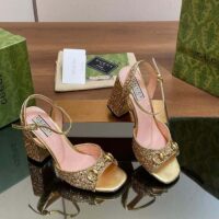 Gucci Women GG Horsebit Mid-Heel Sandal Metallic Gold Leather Crystals (1)