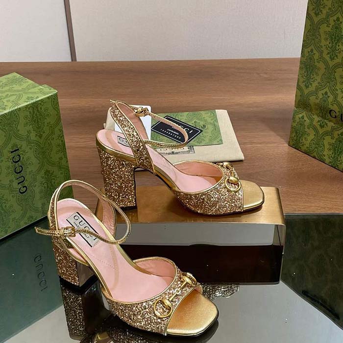 Gucci Women GG Horsebit Mid-Heel Sandal Metallic Gold Leather Crystals
