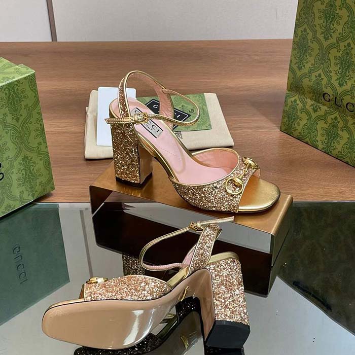 Gucci Women GG Horsebit Mid-Heel Sandal Metallic Gold Leather Crystals