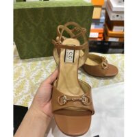 Gucci Women GG Horsebit Sandal Brown Leather High Heel Ankle Buckle (5)