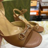 Gucci Women GG Horsebit Sandal Brown Leather High Heel Ankle Buckle (5)