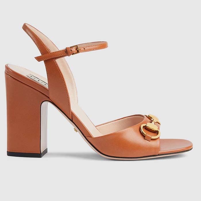 Gucci Women GG Horsebit Sandal Brown Leather High Heel Ankle Buckle