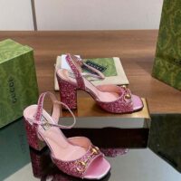 Gucci Women GG Horsebit Sandal Metallic Pink Leather Crystals Mid-Heel (4)