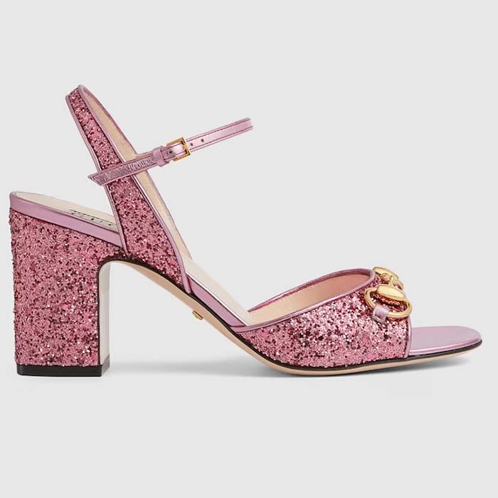 Gucci Women GG Horsebit Sandal Metallic Pink Leather Crystals Mid-Heel