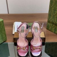 Gucci Women GG Horsebit Sandal Metallic Pink Leather Crystals Mid-Heel (4)