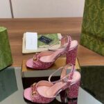 Gucci Women GG Horsebit Sandal Metallic Pink Leather Crystals Mid-Heel - Image 6