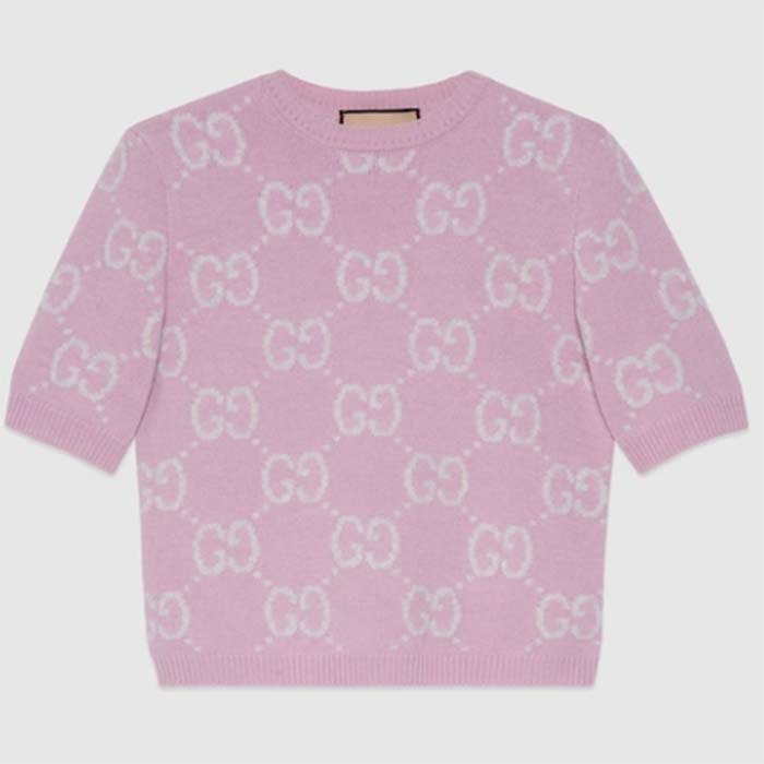 Gucci Women GG Knit Wool Top Pink Crewneck Short Sleeves