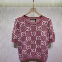 Gucci Women GG Knit Wool Top Pink Crewneck Short Sleeves (4)