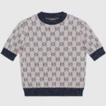 Gucci Women GG Lamé Jacquard Top Cotton Navy Crewneck Short Sleeves