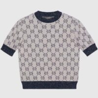 Gucci Women GG Lamé Jacquard Top Cotton Navy Crewneck Short Sleeves