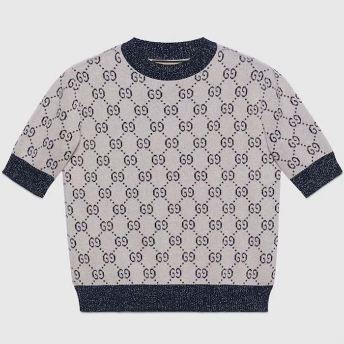 Gucci Women GG Lamé Jacquard Top Cotton Navy Crewneck Short Sleeves