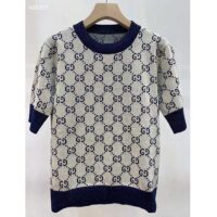 Gucci Women GG Lamé Jacquard Top Cotton Navy Crewneck Short Sleeves (11)