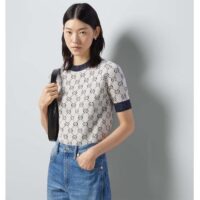 Gucci Women GG Lamé Jacquard Top Cotton Navy Crewneck Short Sleeves (11)