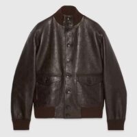 Gucci Women GG Leather Bomber Jacket Brown Lambskin Front Patch Pockets (1)