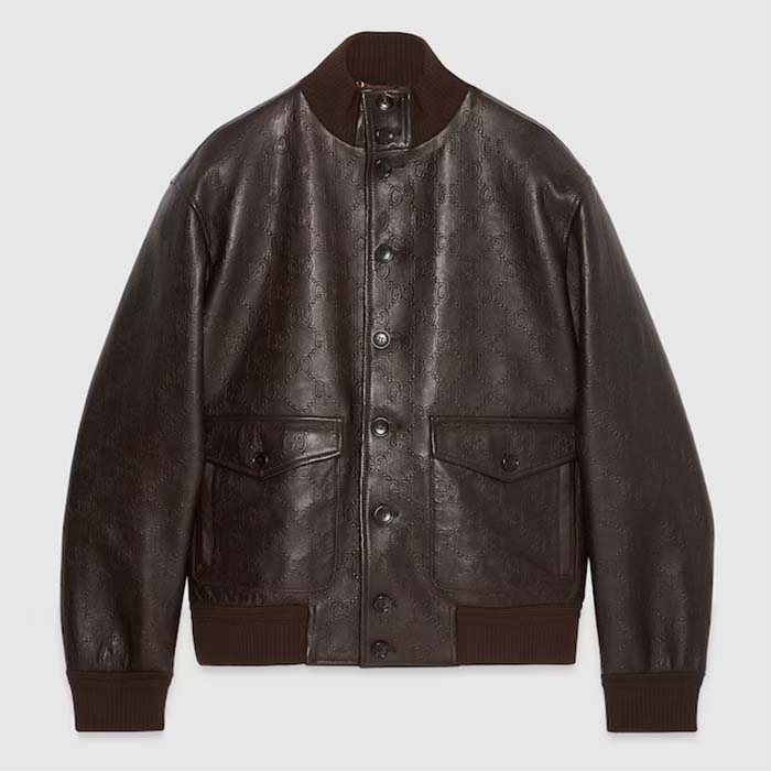 Gucci Women GG Leather Bomber Jacket Brown Lambskin Front Patch Pockets