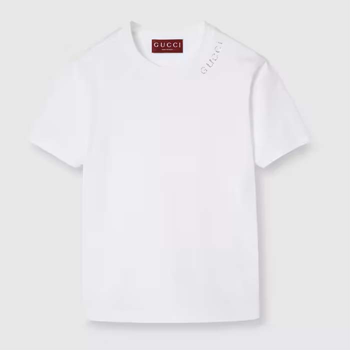 Gucci Women GG Light Cotton Jersey Shirt Crystal Round Neck Short Sleeves