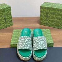 Gucci Women GG Platform Slide Sandal Ivory Green Canvas Jacquard (8)
