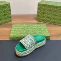 Gucci Women GG Platform Slide Sandal Ivory Green Canvas Jacquard (8)
