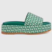 Gucci Women GG Platform Slide Sandal Ivory Green Canvas Jacquard