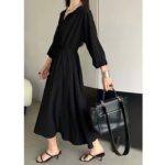 Gucci Women GG Silk Satin Georgette Dress Black Crewneck Flared Skirt - Image 12