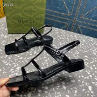 Gucci Women GG Slim Horsebit Flat Sandal Black Leather Ankle Buckle (5)