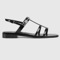 Gucci Women GG Slim Horsebit Flat Sandal Black Leather Ankle Buckle (5)