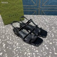 Gucci Women GG Slim Horsebit Flat Sandal Black Leather Ankle Buckle (5)