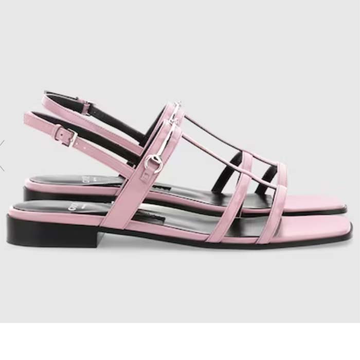 Gucci Women GG Slim Horsebit Flat Sandal Pink Leather Ankle Buckle