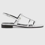 Gucci Women GG Slim Horsebit Flat Sandal Silver Leather Ankle Buckle