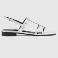 Gucci Women GG Slim Horsebit Flat Sandal Silver Leather Ankle Buckle (10)