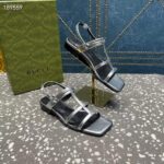 Gucci Women GG Slim Horsebit Flat Sandal Silver Leather Ankle Buckle - Image 3